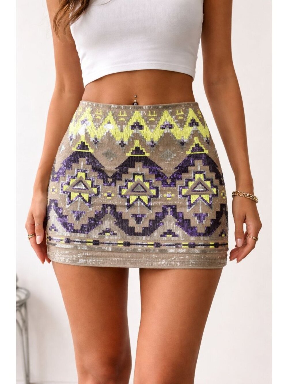 Express Sequin Mini Skirt in Yellow, Purple, and Taupe